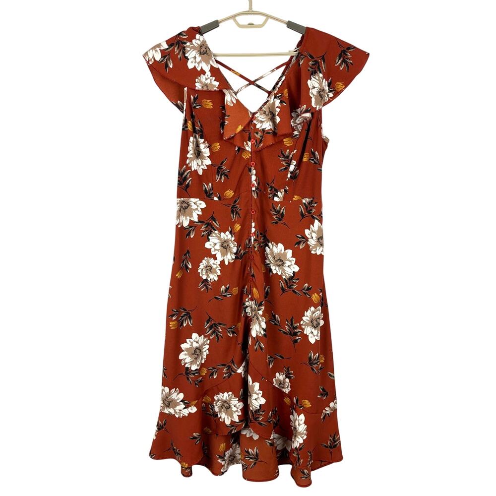 B.O.G. Collective Floral hi-Low midi dress XL Orange Neutrals Earthy Boho ruffle
